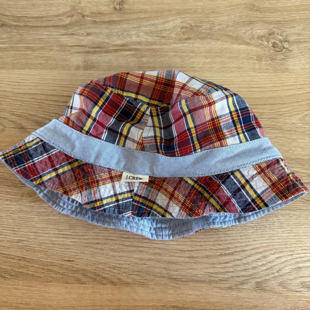 J.Crew Kids Reversible Bucket Hat Madras Plaid & Chambray 100% Cotton Size Large